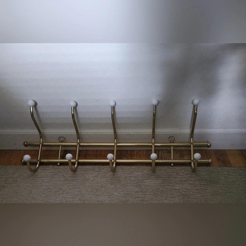 Vintage 1970s Beautiful Gold Brass Wall Mounted Coat Rack Hooks Porcelain Knobs